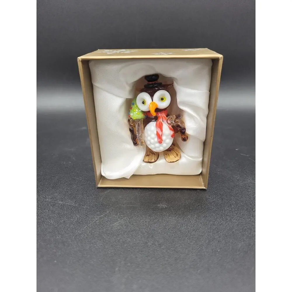 Pier 1 Glass Owl Christmas Figurine wearing Hat Scarf with Christmas Tree 2”